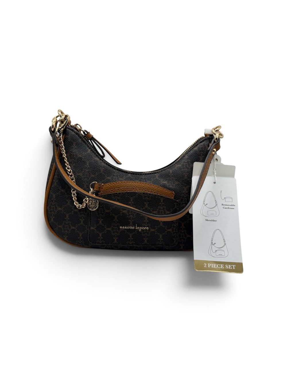Nanette Lepore Black and Brown Logo-Print Shoulder Bag with Chain Charm